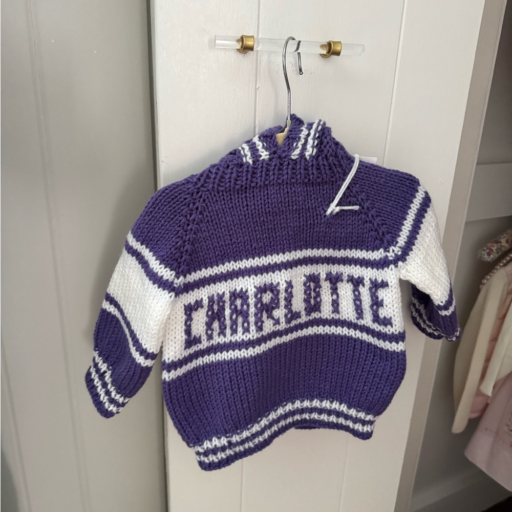 Custom CHARLOTTE Purple and White Knit Sweater - new with tags